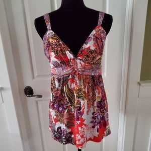 Tahari Sleeveless V neck flowy bright colourful Blouse NWOT